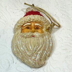 VTG Glittery Santa Claus Head Christmas Holiday Tree Ornament Resin 1.75"x2.75"